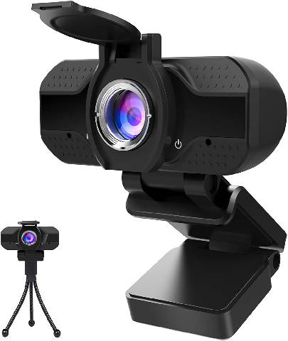 Webcam 1080P com microfone, tripé e capa de privacidade