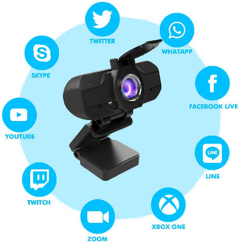 Webcam 1080P com microfone, tripé e capa de privacidade
