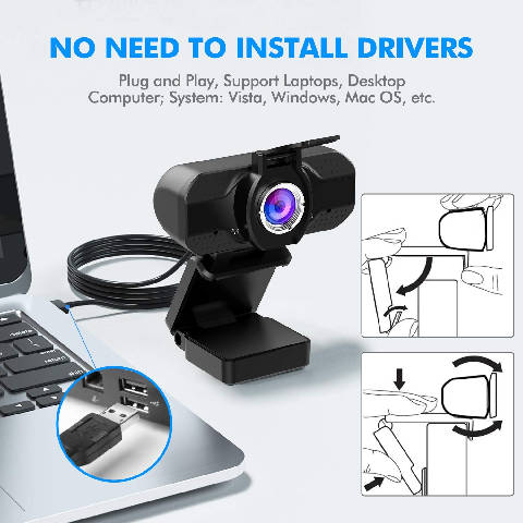 Webcam 1080P com microfone, tripé e capa de privacidade